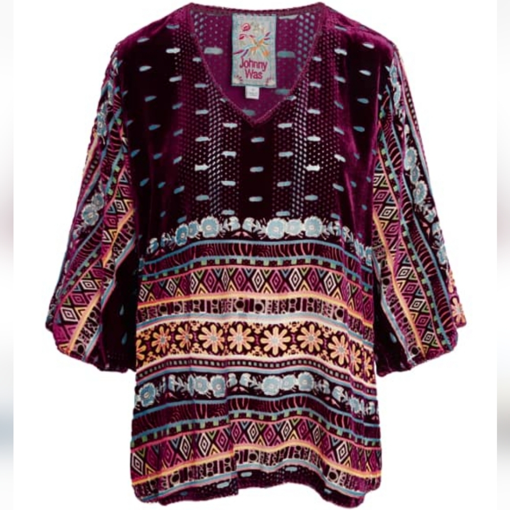 EUC JOHNNY WAS VEL BLOUSE SIZE M Burnout Silk